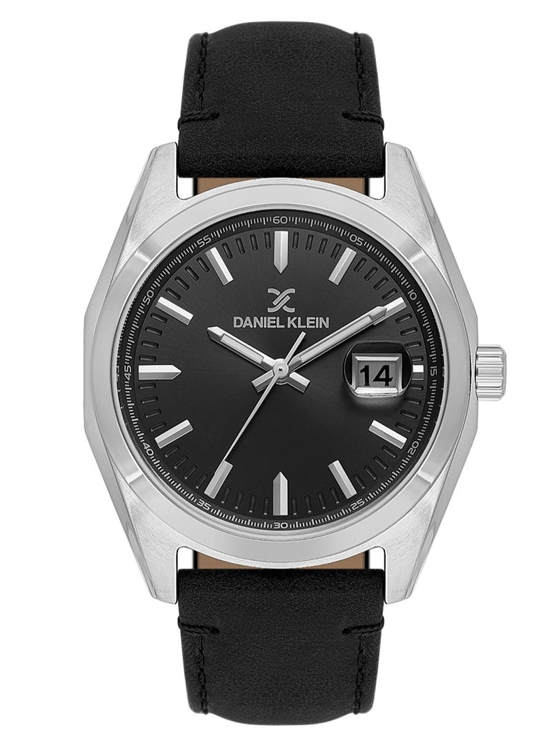 DANIEL KLEIN Men's Leather Silver Alloy Case Analog Black Round Sunray Dial Japanese Quartz Premium 50 Meters Water Resistant - Image 1